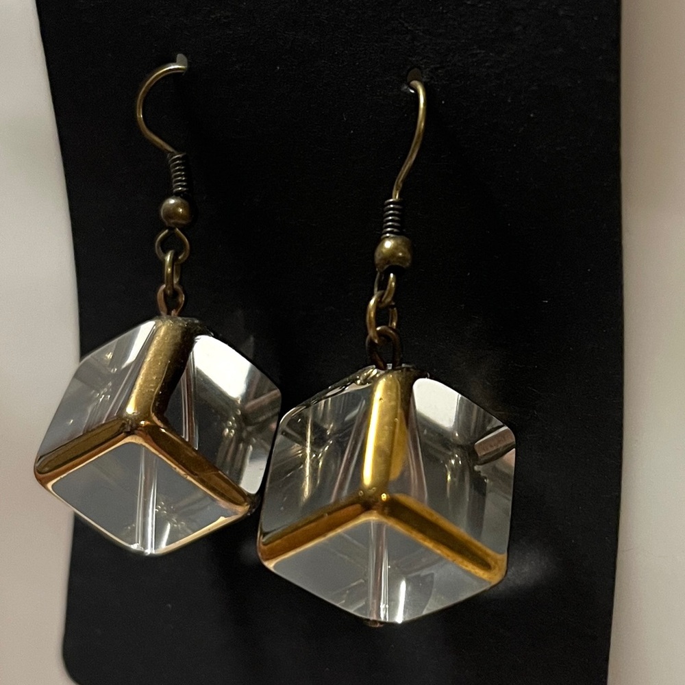 Hand Crafted Clear Crystal Cube Earrings with Bronze Accents